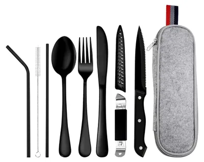 Produktbild von Campingbesteck Set für unterwegs, 9-teilig, Edelstahl mit Tragetasche (Schwarz)