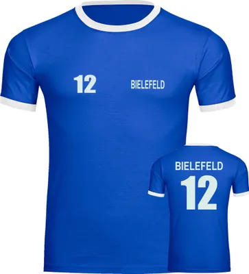 Produktbild von multifanshop Kontrast T-Shirt - Bielefeld - Trikot Nummer 12, blau/weiß, Größe M