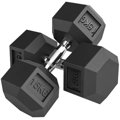 Immagine prodotto di Set 2 Manubri Fitness da 15 kg Esagonali con Impugnatura Antiscivolo in Acciaio e Gomma Nero