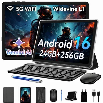 Immagine prodotto di Tablet KINGRID Android 16 con tastiera, 24 (8+16) GB RAM + 256 GB ROM (2 TB TF), tablet da gioco da 10", 5000 mAh, Gemini AI, Widevine L1, WiFi 5G, Face ID