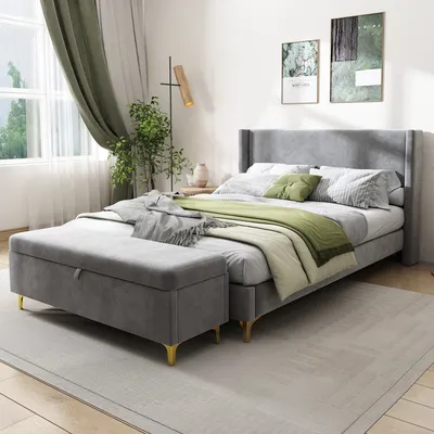 Obrázok produktu pre Flieks Manželská posteľ 180x200 cm Čalúnená posteľ s komodou, posteľ z masívneho dreva s lamelovým rámom a čelom, posteľ pre mladých Manželská posteľ Velvet