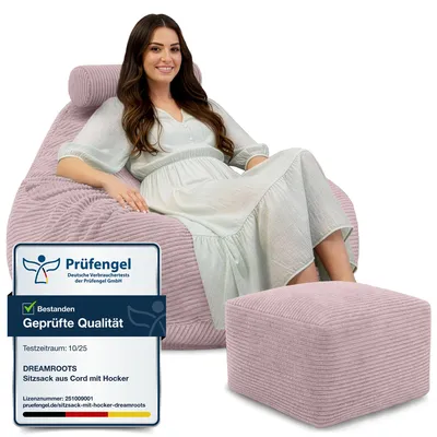 Immagine prodotto di Dreamroots Bean Bag 90x90x100cm Beanbag con schienale e sgabello e copertura Cuscino per sedile Cuscino da pavimento Bubibag Beanbag con imbottitura, rosa argento