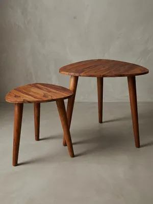 Produktbild von Design Satztisch WL5.574 Sheesham Massivholz Beistelltisch 2er Set Klein, Couchtisch Set 2 Holz Tische, Massivholz Wohnzimmertisch, Schmaler Sofatisch Ablagetisch