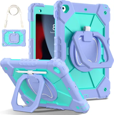 Obrázek produktu pro Pouzdro pro iPad 9th Gen/ 8th Gen/ 7th Gen, iPad 10,2" 2021/2020/2019, odolné přenosné ochranné pouzdro se stojánkem, ručním popruhem a ramenním popruhem Fialová