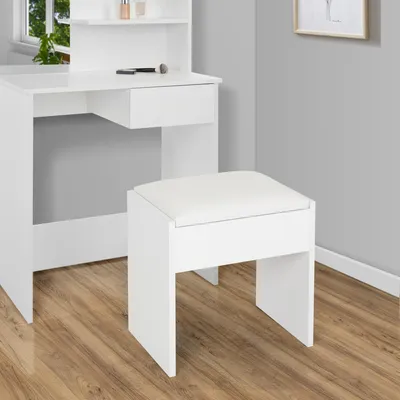 Produktbild von ECD Germany Schminkhocker 40x43x29,5 cm, Weiß, aus Holz mit gepolstertem Kissen und Bezug aus Kunstleder, Moderner Polsterhocker Schminkhocker