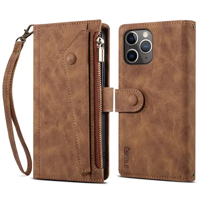 Obrázek produktu pro Ochranné pouzdro pro iPhone 11 Pro, kožené pouzdro na zip, skládací peněženka s přihrádkou na karty, stojánek a poutko Hnědý