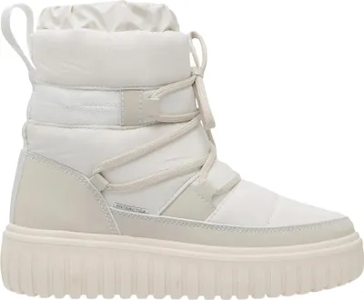 A single white snowboot is shown against a white background.