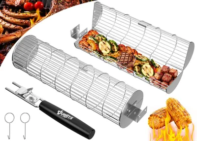 Produktbild von Grillkorb 2 Stücke, Edelstahl, abnehmbarer Holzgriff, für Barbecue