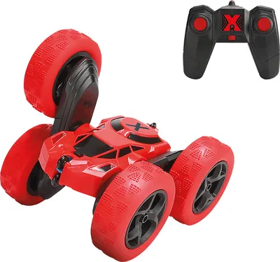 A red remote-controlled stunt car and its remote control are shown against a white background.