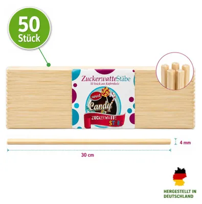Produktbild von 50 Zuckerwattestäbe 30 cm aus Kiefernholz 4 x 4 mm Vierkantstäbe
