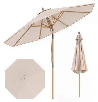 Produktbild von Sonnenschirm 270 cm, Gartenschirm aus Bambus, beidseitig um 30° knickbar, Balkonschirm Rund, Terrassenschirm Sonnenschutz (Beige)