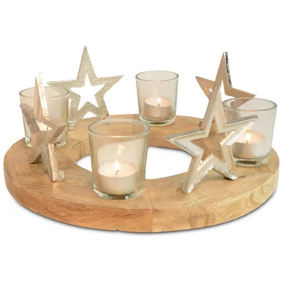Produktbild von Adventskerzenhalter mit Sternen und Teelichtgläsern Ø 30 cm - Silber 70337 | Adventskranz