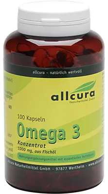 Image de allcura Omega 3 concentré 1000 mg d'huile de poisson en gélules, 100 gélules