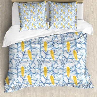 Produktbild von ABAKUHAUS Pine Cone Bettbezug Set für Einzelbetten, Herbst Herbstsaison Noel, Milbensicher Allergiker geeignet mit Kissenbezug, 200 cm x 200 cm - 80 x 80 cm, Erde Gelb Dunkelblau