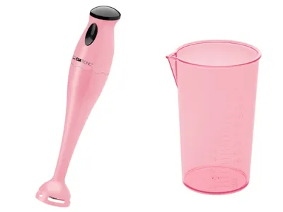 A pink hand blender and a pink measuring cup are shown against a white background.