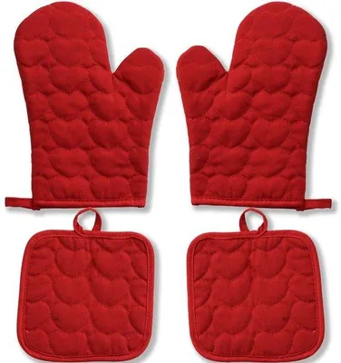 Immagine prodotto di Set di 4 guanti da forno resistenti al calore, in cotone – 2 guanti + 2 presine, fino a 251 °C, polsini da 30 cm, colore rosso, ideali per cucinare, cuocere al forno e grigliare