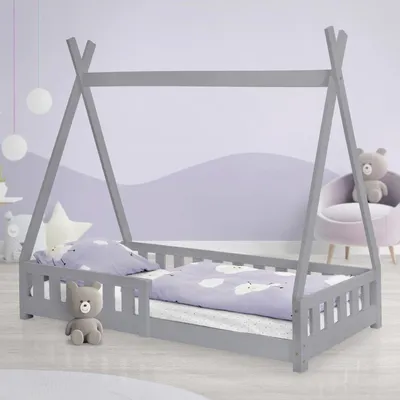 Obrázek produktu pro ML-Design dětská postel tipi 80x160 cm s ochranou proti vypadnutí a roštovým rámem, světle šedá, z borovicového dřeva, postel s ohrádkou, podlahová postel, dřevěná postel