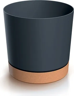 A dark gray pot with a brown base sits on a white surface.
