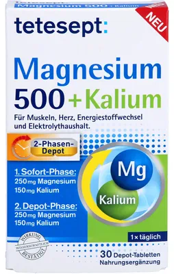 Produktbild von Tetesept Magnesium 500 + Kalium Depot-Tabletten für Muskeln, Herz, Energiestoffwechsel und Elektrolythaushalt, 30 St. Tabletten
