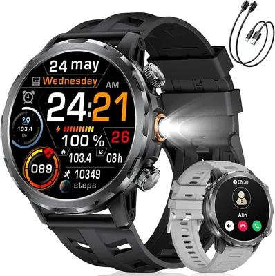 Herren Smartwatch mit LED-Licht, 1.7" HD Display, Bluetooth Anrufen, 100+ Sportmodi,Herzfrequenz & Schlafmonitor,1000mAh,IP68 Wasserdicht, 2 Armbänder