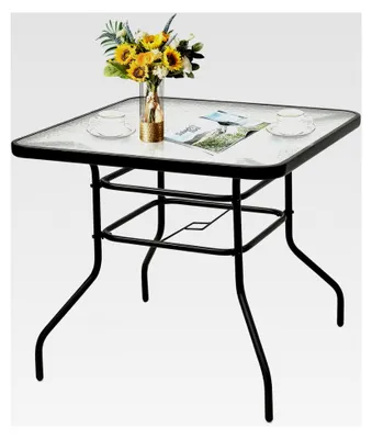 Produktbild von Gartentisch mit Schirmloch und Glasplatte, Metall Couchtisch für Balkon, Terrasse und Garten (1, quadratisch)