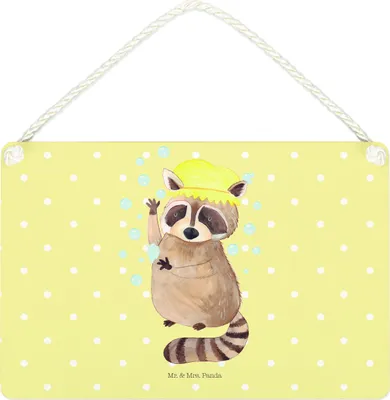 Produktbild von Mr. & Mrs. Panda Schild Waschbär DIN A4 - Gelb Pastell - Geschenk, Türschild, kleine aufmerksamkeit, Plan, Waschen, Seifenblasen, holzbild, Fröhlich, Tagträumen