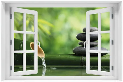 Produktbild von Wallario Premium Glasbild mit Fensterrahmen, freischwebende Optik, kräftige Farben, Größe 60 x 90 cm Motiv Steinstapel und Bambus auf dem Wasser