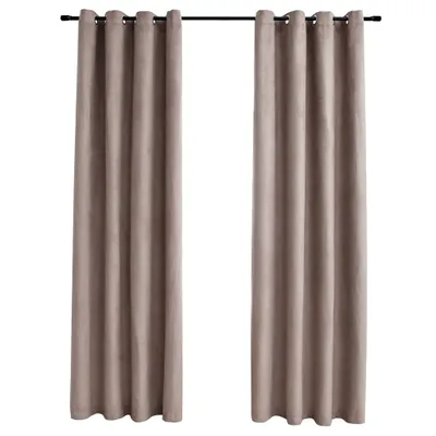 Two taupe-colored curtains hanging from a rod against a white background.