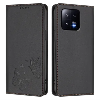 Obrázek produktu pro Kožené pouzdro pro Xiaomi 13, motýlí ražbou, peněženkové flip pouzdro se stojánkem Černá
