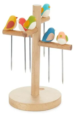 Aperitifgabeln Birdie, 6 Stück, Edelstahl, blau, mit Holzständer