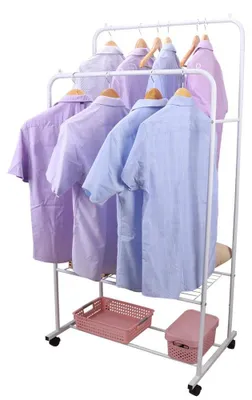 Produktbild von Kleiderständer auf Rollen - Doppel-Kleiderstange - Schweres Metallgestell aus Eisen - Mit Ablageboden - Kleiderschrank Organizer - Weiß