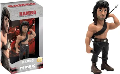 A Rambo collectible figure in its packaging and displayed separately.