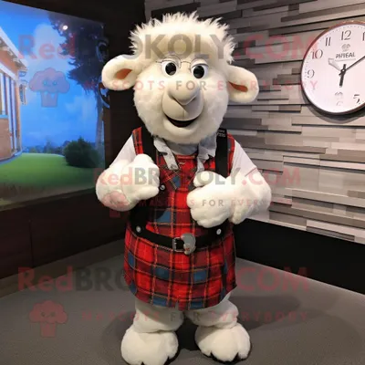 Produktbild von Weiße REDBROKOLY Suffolk-Schaf Maskottchen Kostüm figur bekleidet mit einem Flanellhemd und Armbanduhren