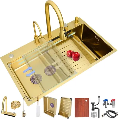 Produktbild von Küchenspüle 85×50cm in Gold, Edelstahl mit integriertem Wasserhahn, Schneidebrett und Siphon