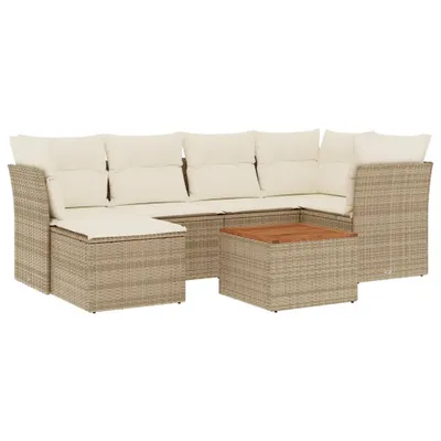 Produktbild von Modulares 7-tlg. Garten-Lounge-Set, Poly Rattan Beige mit Stauraum, Akazienholz-Tischplatte, UV-beständig, Cremeweiße Kissen
