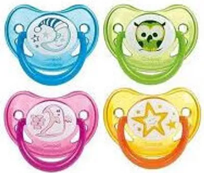 Four pacifiers arranged in a 2x2 grid.