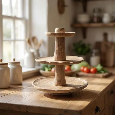 Produktbild von Hochwertige Etagere aus Naturholz, dreistöckig, handgefertigt, H.36 cm