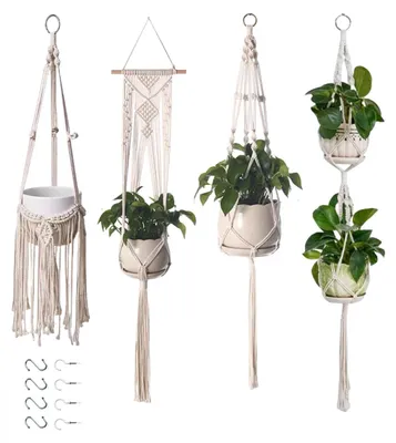 Produktbild von Makramee-Hängepflanzgefäß für den Innenbereich, 4er-Set, Boho-Dekoration, Makramee-Hängepflanzgefäß mit Haken, Hängeblumentopf aus Baumwollseil, Boho-Zimmerdekoration, Hängepflanztopf für Balkon oder Fenster (Creme B)