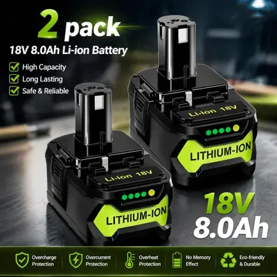 Zdjęcie produktu dla Akumulator P108 18 V – zestaw 2 sztuk akumulatorów zapasowych – litowo-jonowy – 8,0 Ah / 8000 mAh – duża pojemność – kompatybilny z elektronarzędziami One+ P104, P107 i P109