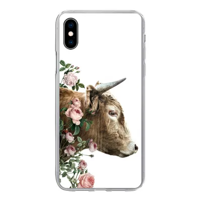 Produktbild von MuchoWow® Handyhülle Schutzhülle Hülle für iPhone Xs Schottischer Highlander - Kuh - Blumen Silikon Softcase Handy Hülle - Handytasche