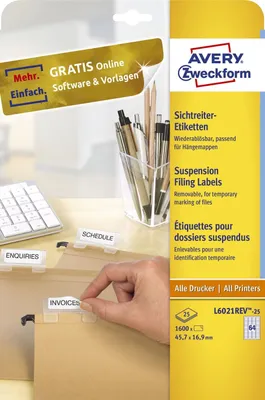 Immagine prodotto di Avery Zweckform® L6021REV-25 L6021REV-25 Etichette, 45,7 x 16,9 mm, 25 fogli/1.600 etichette, bianco