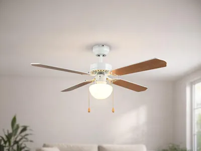 Produktbild von Deckenventilator leise mit Licht und Zugschalter Ø 106,5cm in Weiß & Holzoptik