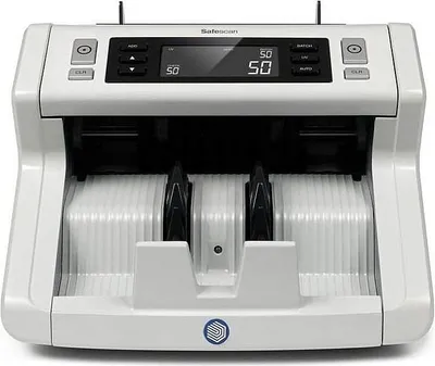 A Safescan 2210 banknote counter is shown from the front.