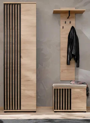 Produktbild von Garderobe Set 3-teilig "Collin" in Jackson Eiche und schwarz Garderobenkombination mit 3-D Lamellen, inklusive Sitzkissen