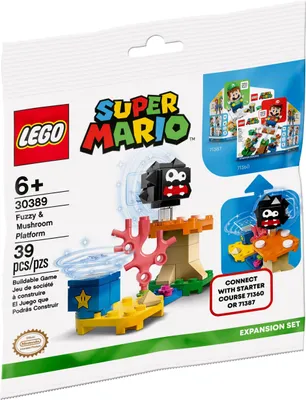 The image shows the packaging of a LEGO Super Mario expansion set, featuring the Fuzzy & Mushroom Platform.
