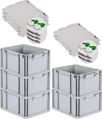 Produktbild von SuperSparSet 5x Eurobox NextGen Economy mit Scharnierdeckel und grünen Schiebeschnappverschlüssen | Griffe geschlossen | HxBxT 22x30x40cm | 20 Liter | Eurobehälter, Transportbox, Transportbehälter, Stapelbehälter
