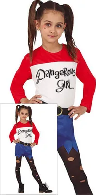 A young girl wearing a "Dangerous Girl" costume, shown in two views: a close-up of the top half and a full-body shot.