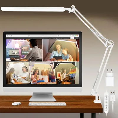 Image de Lampe de bureau LED - Lampe d'architecte avec bras pivotant - Idéale pour la lecture et le travail - 5 couleurs, 11 niveaux d'intensité - Pince de fixation de 6 cm - Blanche