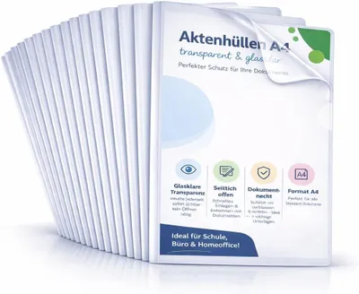 Produktbild von 50x Aktenhüllen A4 transparent – Seitlich offene Klarsichthüllen aus dokumentenechter Klarsichtfolie – Glasklar für Dokumente