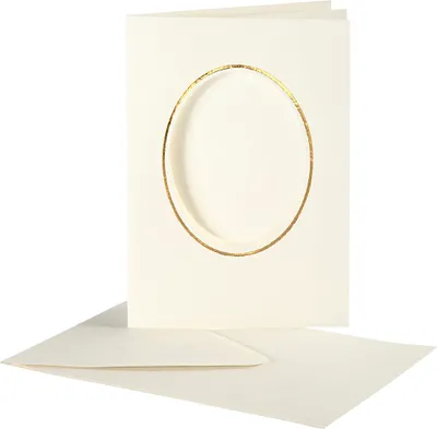 Produktbild von Creativ Company Passepartoutkarten, oval mit Goldrand, Kartengröße 10,5x15 cm, Umschlaggröße 11,5x16,5 cm, gebrochenes Weiß, 10er Set 1 Box